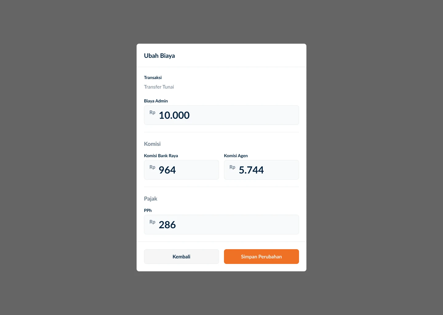 Agen Raya Dashboard fee edit screen