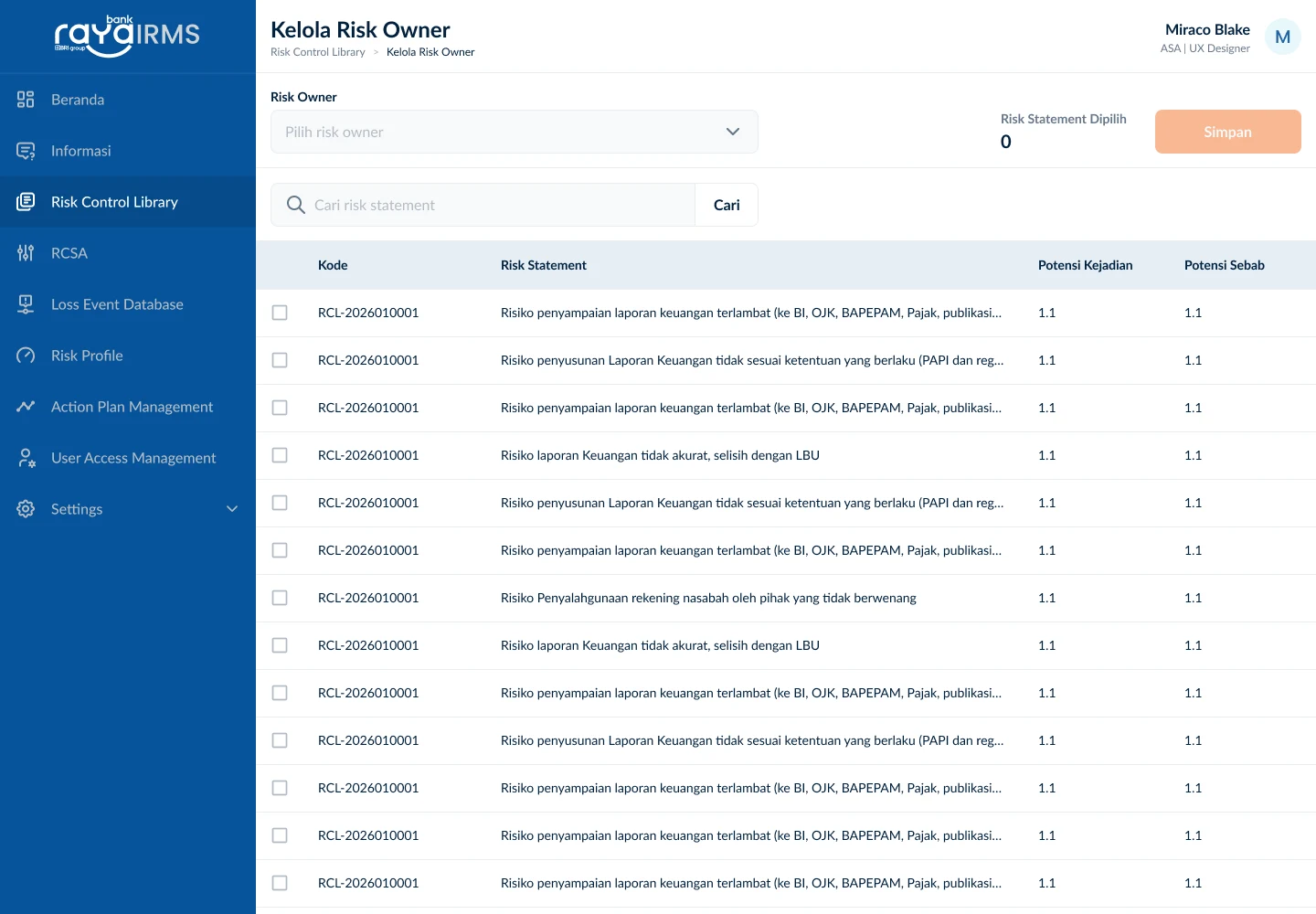 IRMS Risk and Control Library screen