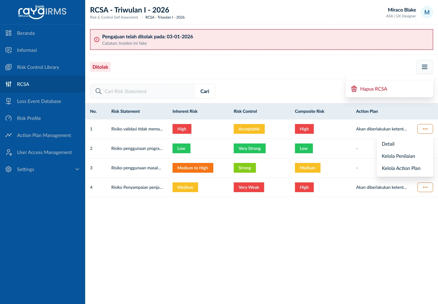 IRMS RCSA screen