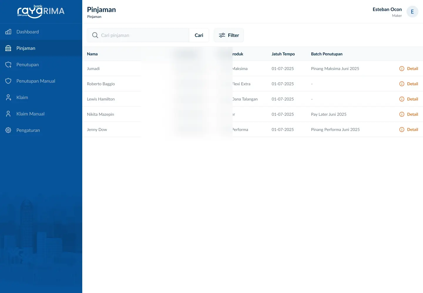 RIMA loan-related insurance screen