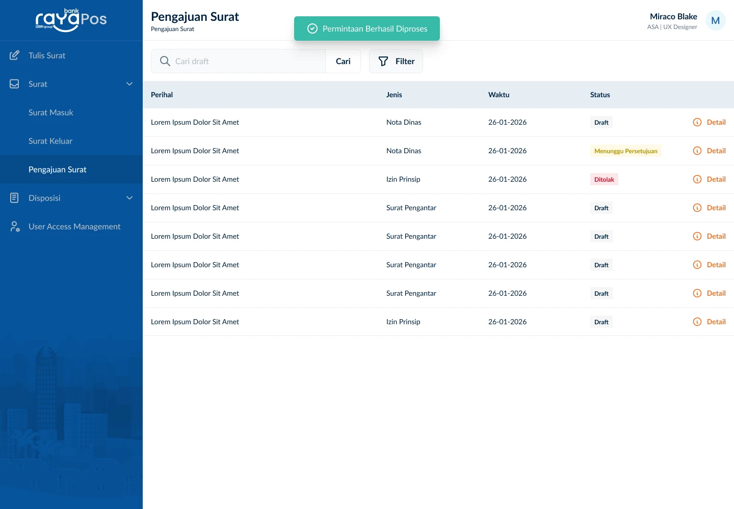 Rayapos letter submission list screen