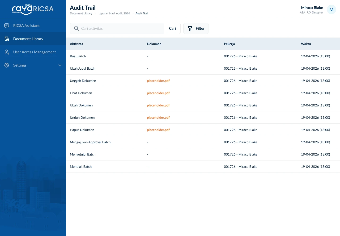 RICSA audit trail screen